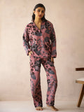 Mauve Shirt Collar Pure Cotton Printed Floral Night Suit For Women