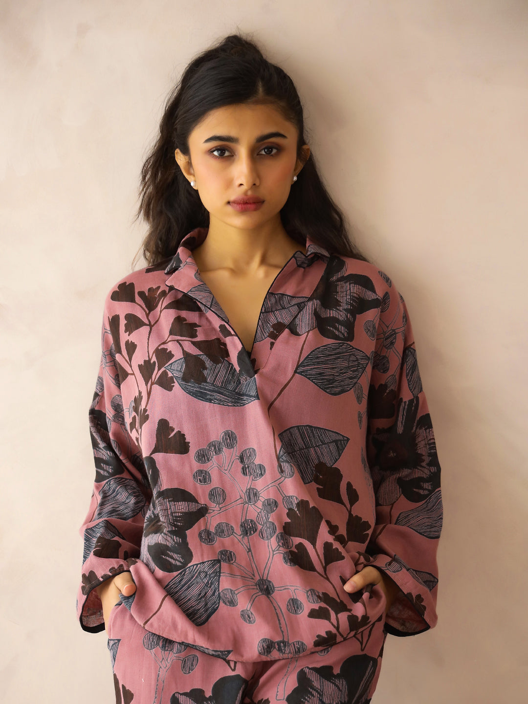 Mauve Shirt Collar Pure Cotton Printed Floral Night Suit For Women