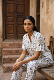 White Mandarin Collar Pure Cotton Top Printed Co-Ords Set For Women