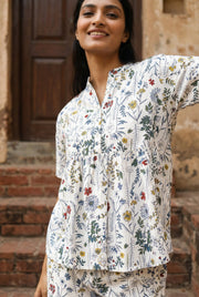 White Mandarin Collar Pure Cotton Top Printed Co-Ords Set For Women