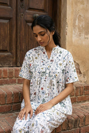 White Mandarin Collar Pure Cotton Top Printed Co-Ords Set For Women