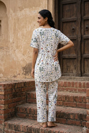 White Mandarin Collar Pure Cotton Top Printed Co-Ords Set For Women