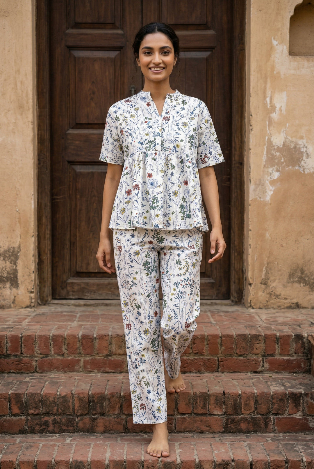 White Mandarin Collar Pure Cotton Top Printed Co-Ords Set For Women