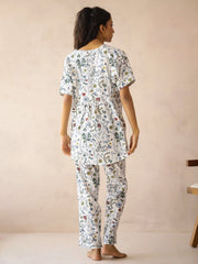 White Mandarin Collar Pure Cotton Top Printed Co-Ords Set For Women