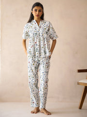 White Mandarin Collar Pure Cotton Top Printed Co-Ords Set For Women
