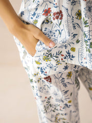 White Mandarin Collar Pure Cotton Top Printed Co-Ords Set For Women