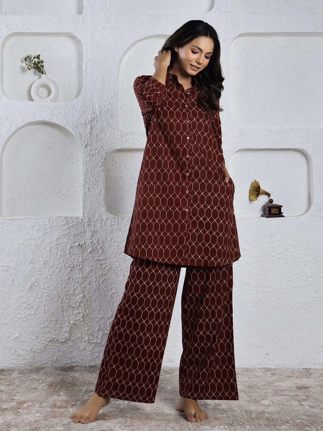 MERLOT HEXAGON Printed pure cotton co-ord set - SanskrutiHomes 