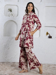 MAROON Red Printed cotton co-ord set - SanskrutiHomes 
