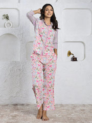 Pink Floral Printed cotton Night Suit Set - SanskrutiHomes 