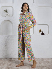Multi-Color Shirt Collar Floral Print Pure Cotton Jumpsuit For Women