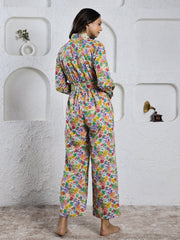 Multi-Color Shirt Collar Floral Print Pure Cotton Jumpsuit For Women