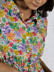 Multi-Color Shirt Collar Floral Print Pure Cotton Jumpsuit For Women