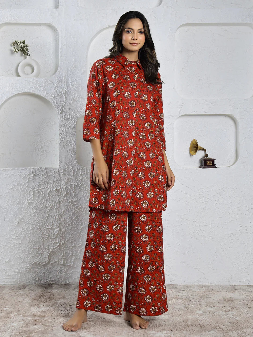 Red Printed pure cotton co-ord set - SanskrutiHomes 