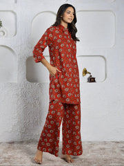 Red Printed pure cotton co-ord set - SanskrutiHomes 