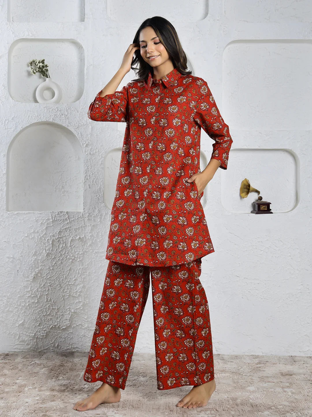 Red Printed pure cotton co-ord set - SanskrutiHomes 