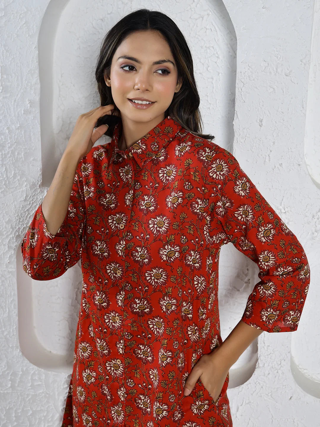 Red Printed pure cotton co-ord set - SanskrutiHomes 