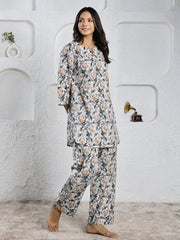 Grey Cotton Floral print Night Suit set for Women - SanskrutiHomes 
