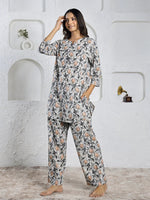 Grey Cotton Floral print Night Suit set for Women - SanskrutiHomes 
