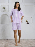 Lavender Check Printed Night Suit Set - SanskrutiHomes 