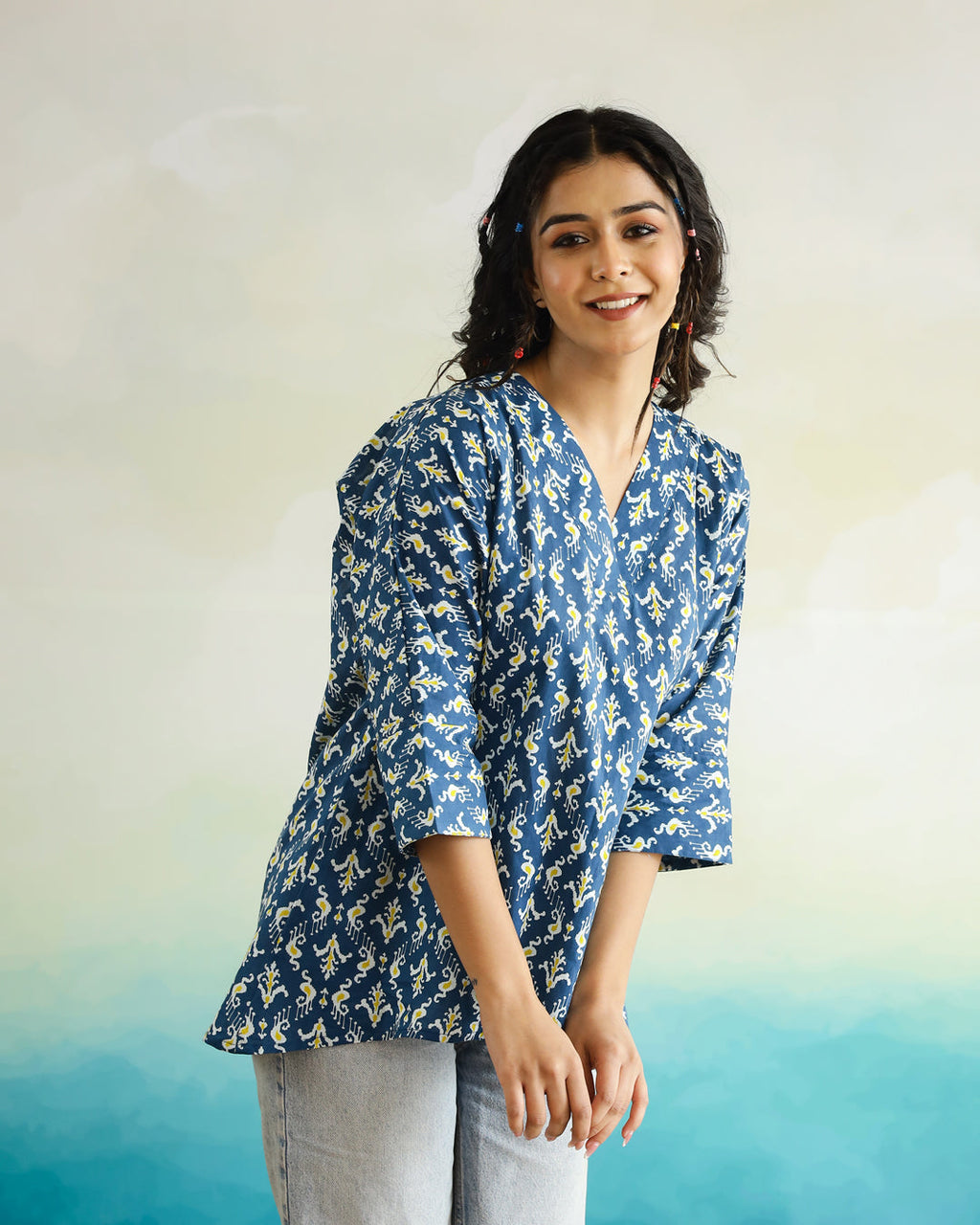 Printed Cotton Loose Fit Top - SanskrutiHomes 