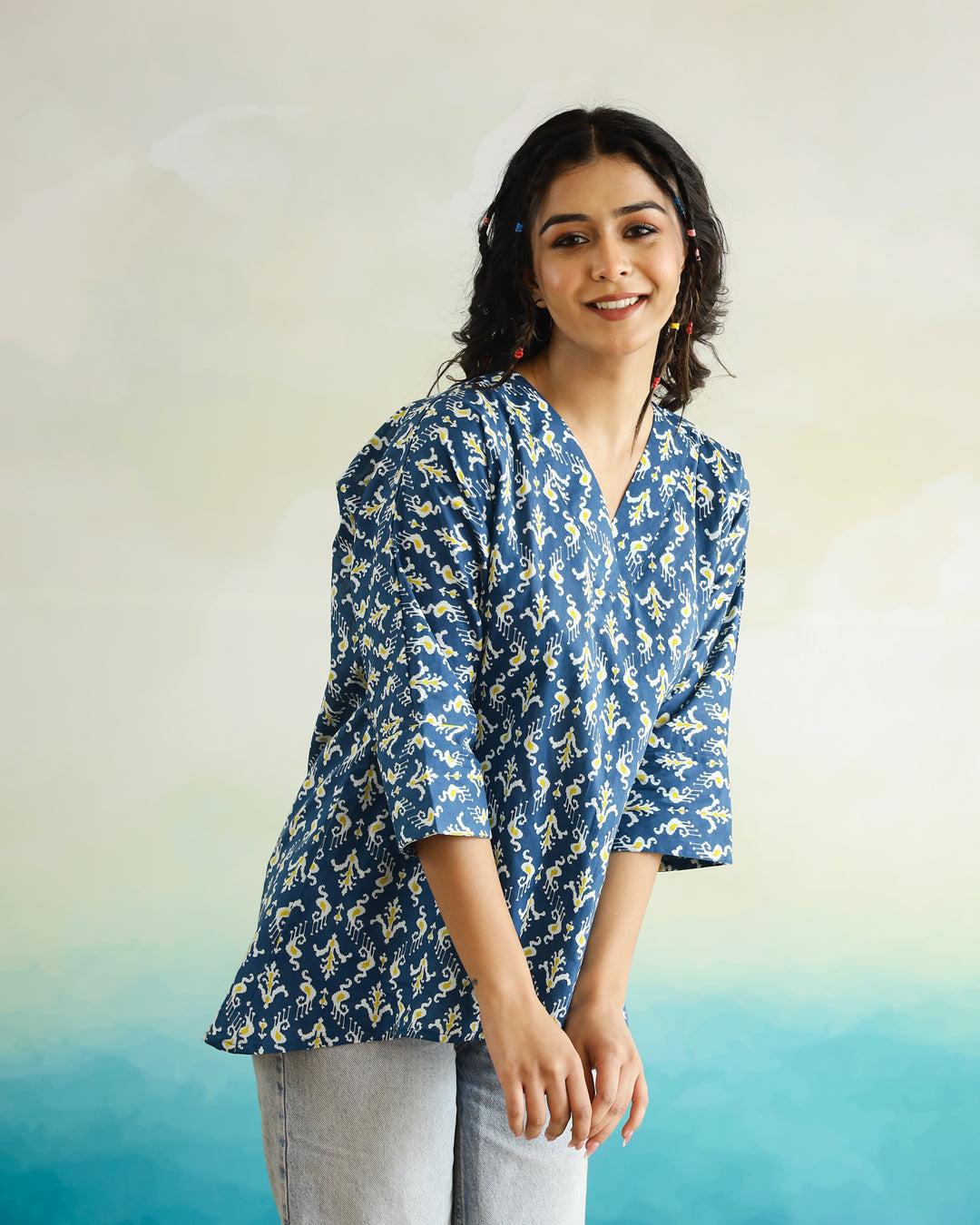 Printed Cotton Loose Fit Top - SanskrutiHomes 