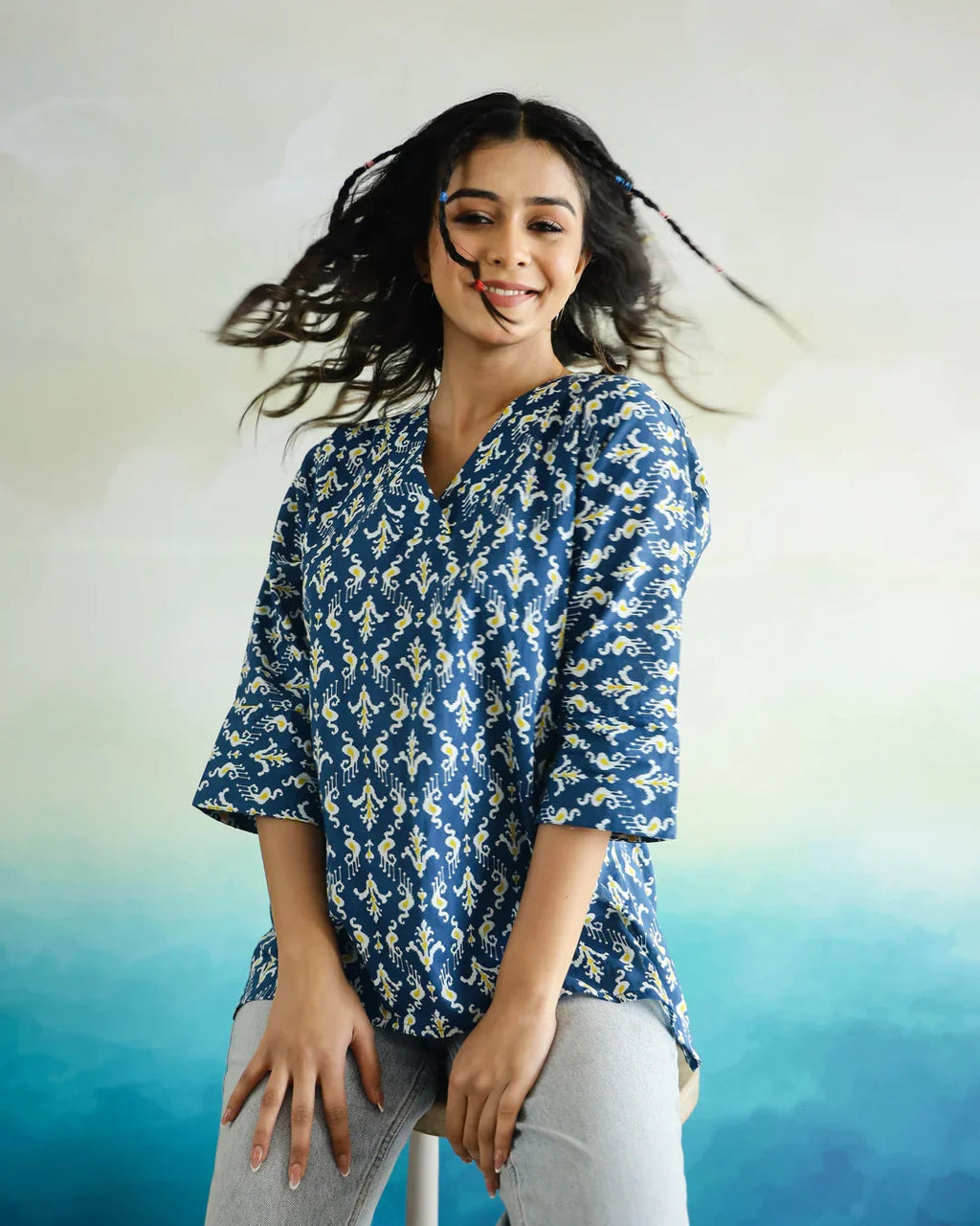 Printed Cotton Loose Fit Top - SanskrutiHomes 