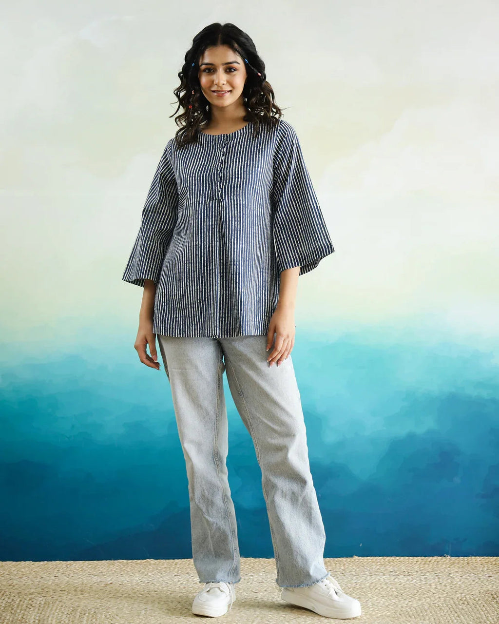 Striped 3D Print Cotton Top for Women - SanskrutiHomes 