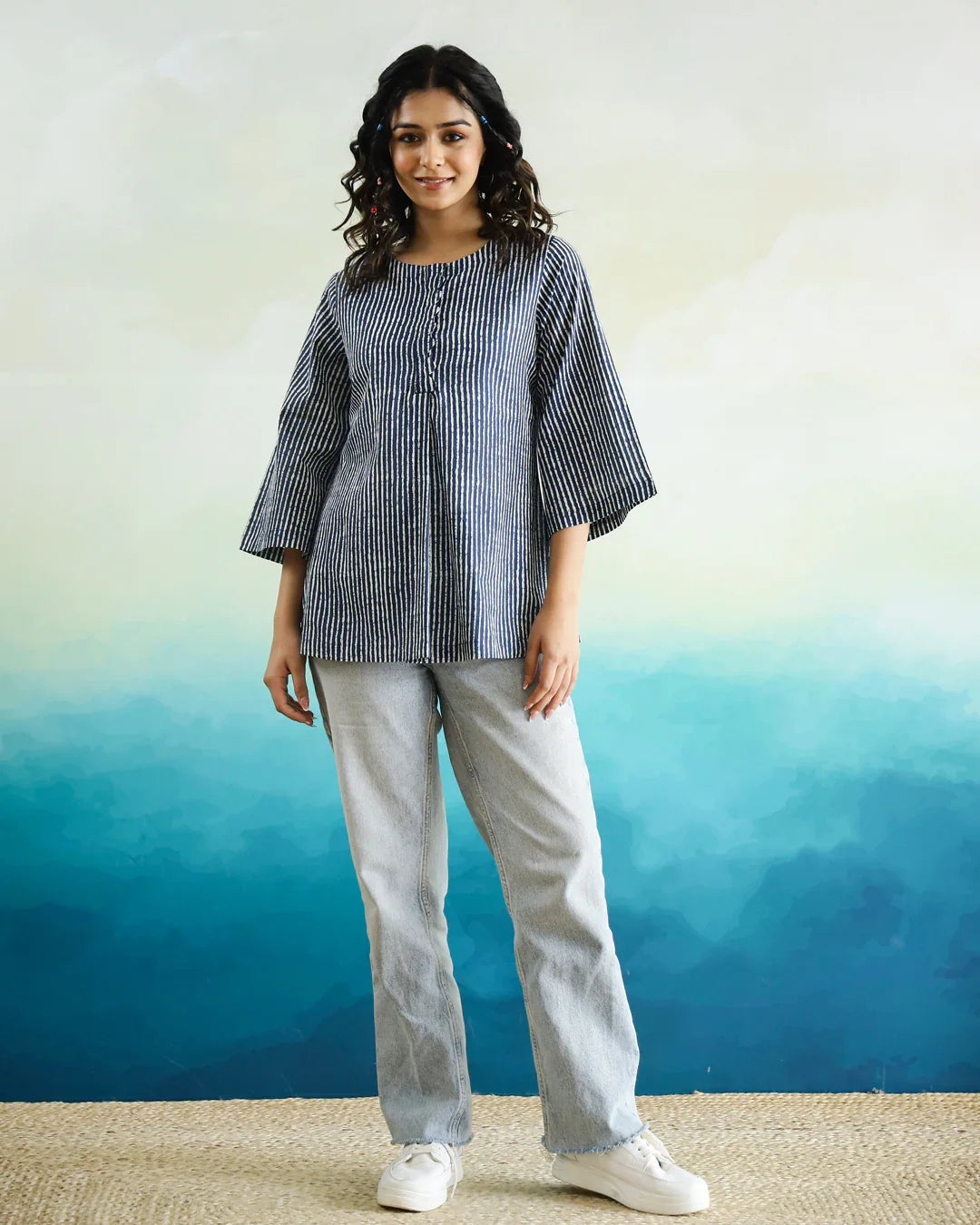 Striped 3D Print Cotton Top for Women - SanskrutiHomes 