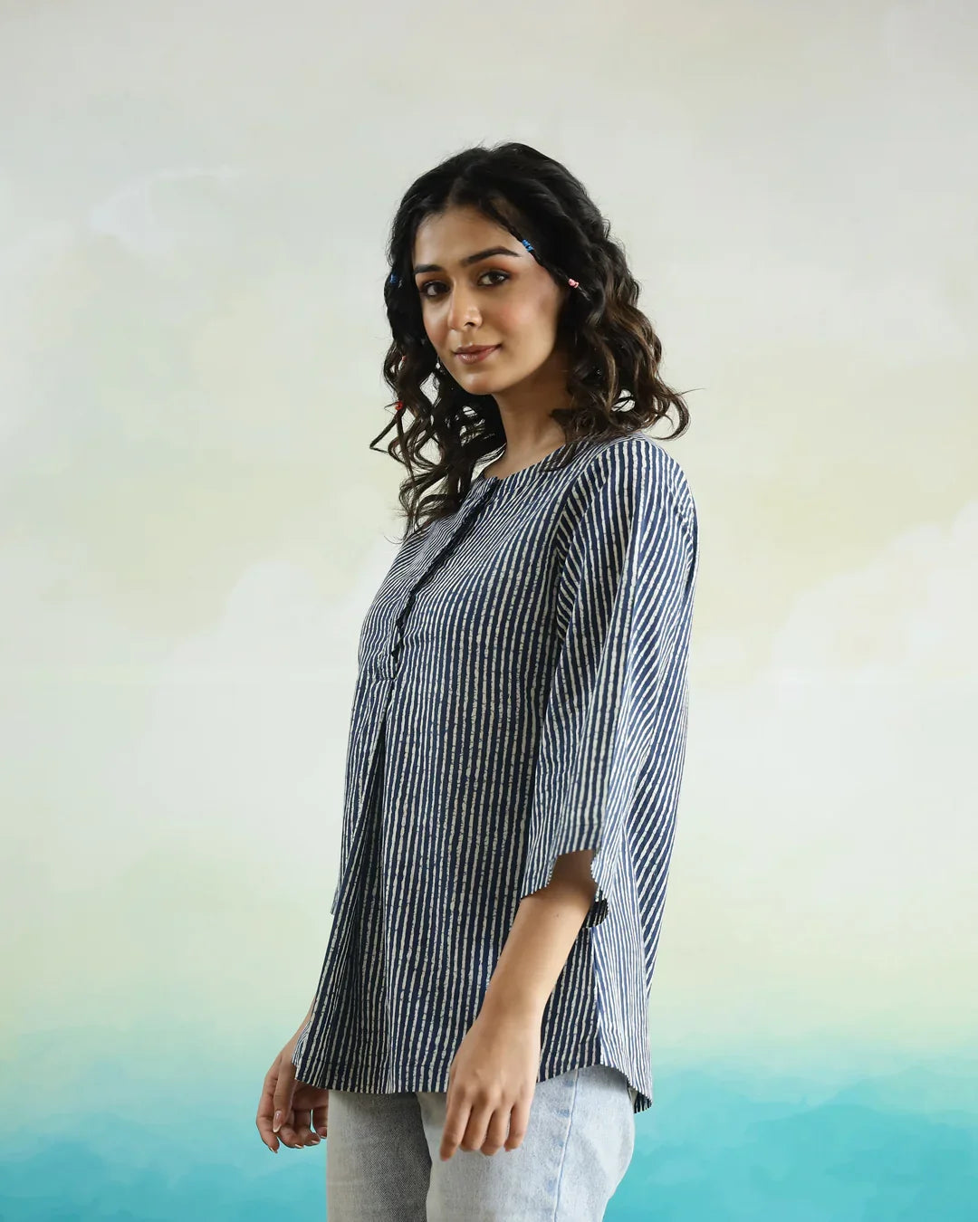 Striped 3D Print Cotton Top for Women - SanskrutiHomes 