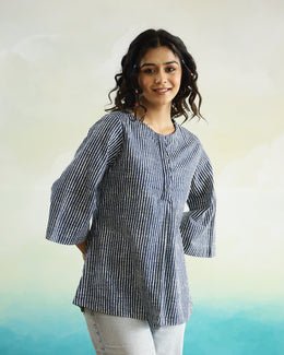 Blue Striped 3d Print Cotton Top For Women