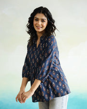 Blue Flower Printed Cotton Top for Women - SanskrutiHomes 