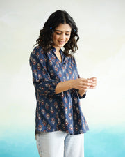 Blue Flower Printed Cotton Top for Women - SanskrutiHomes 