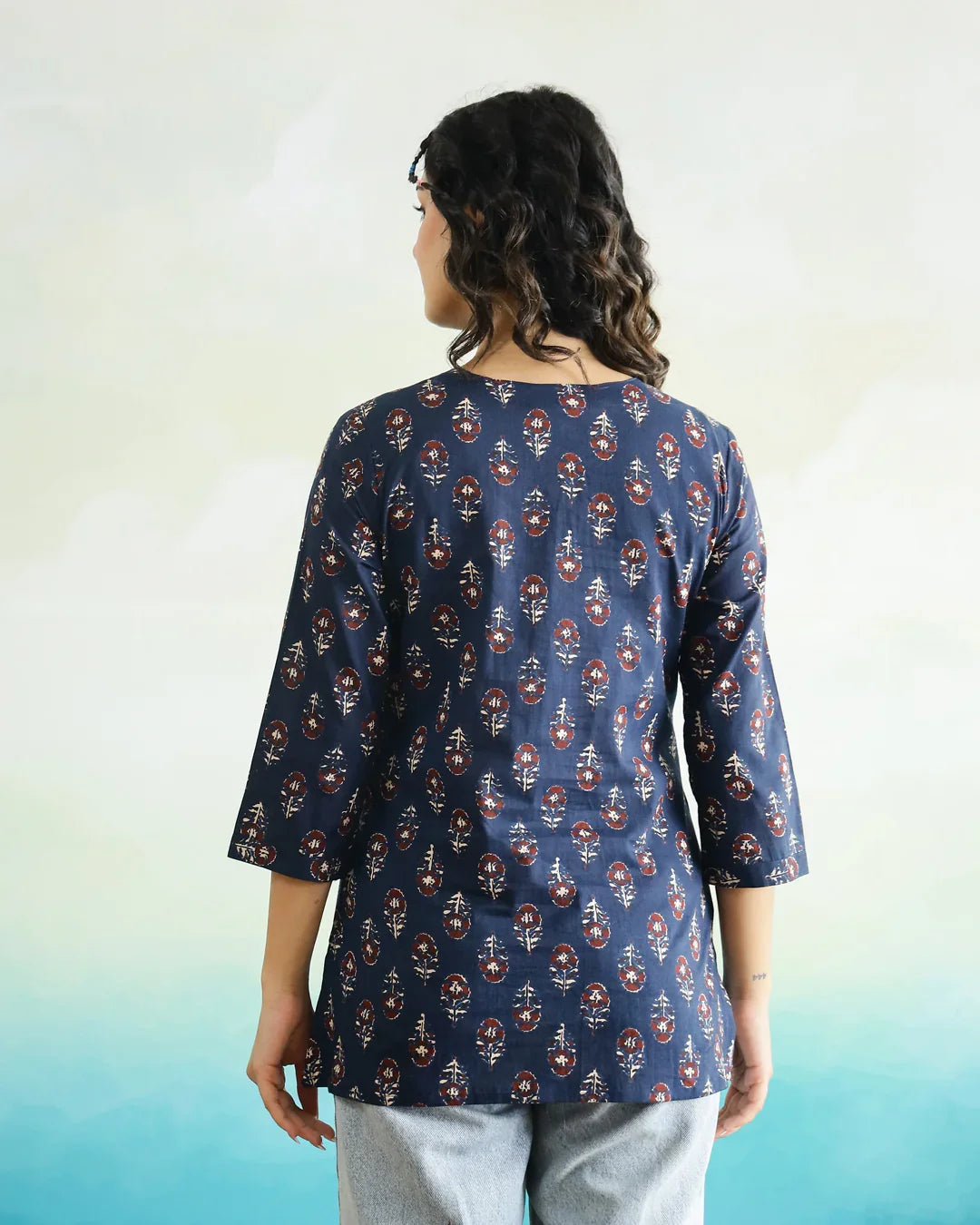 Blue Printed Cotton Top for Women - SanskrutiHomes 