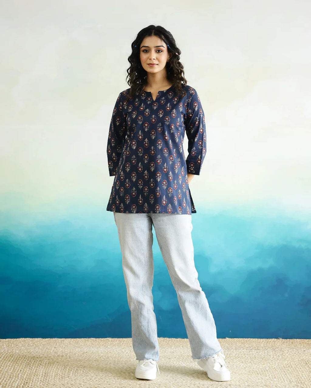 Blue Printed Cotton Top for Women - SanskrutiHomes 