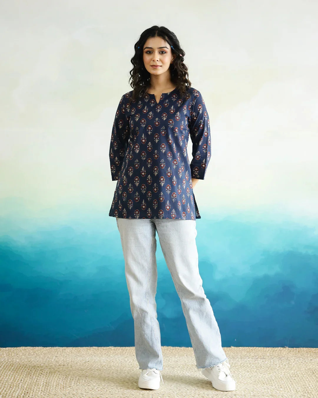 Blue Printed Cotton Top for Women - SanskrutiHomes 