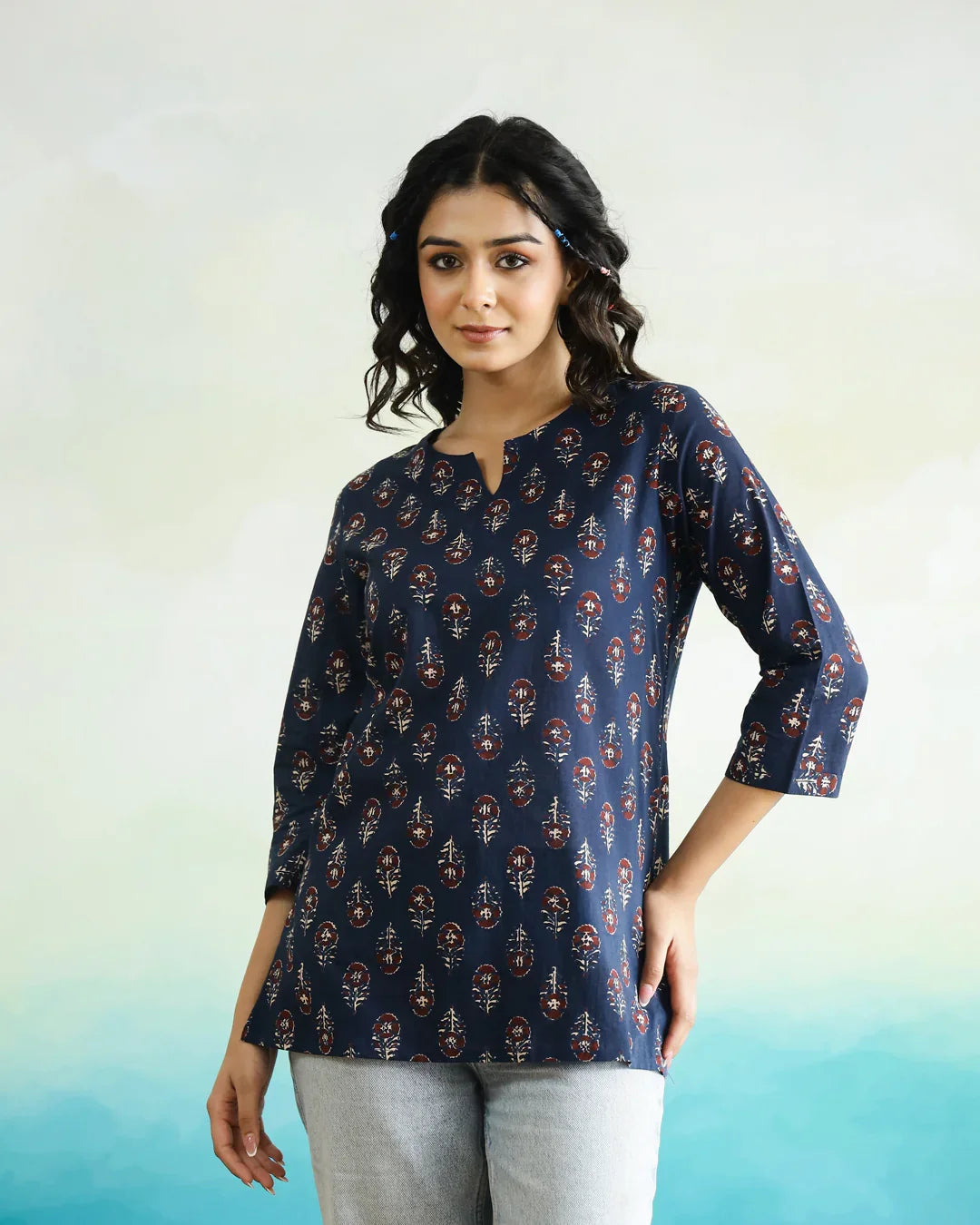 Blue Printed Cotton Top for Women - SanskrutiHomes 