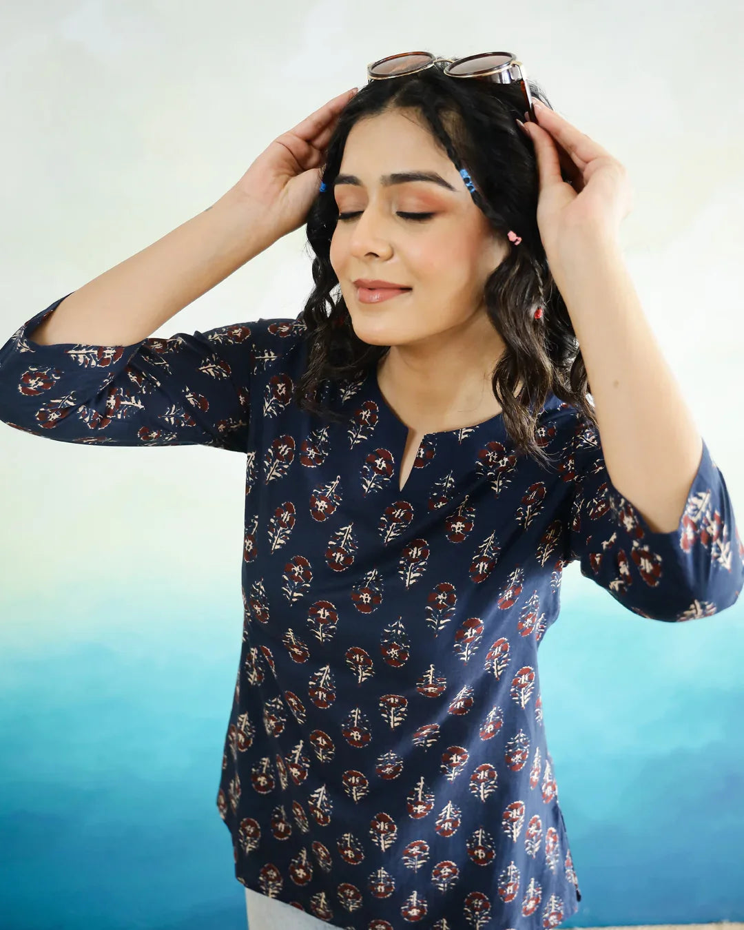 Blue Printed Cotton Top for Women - SanskrutiHomes 