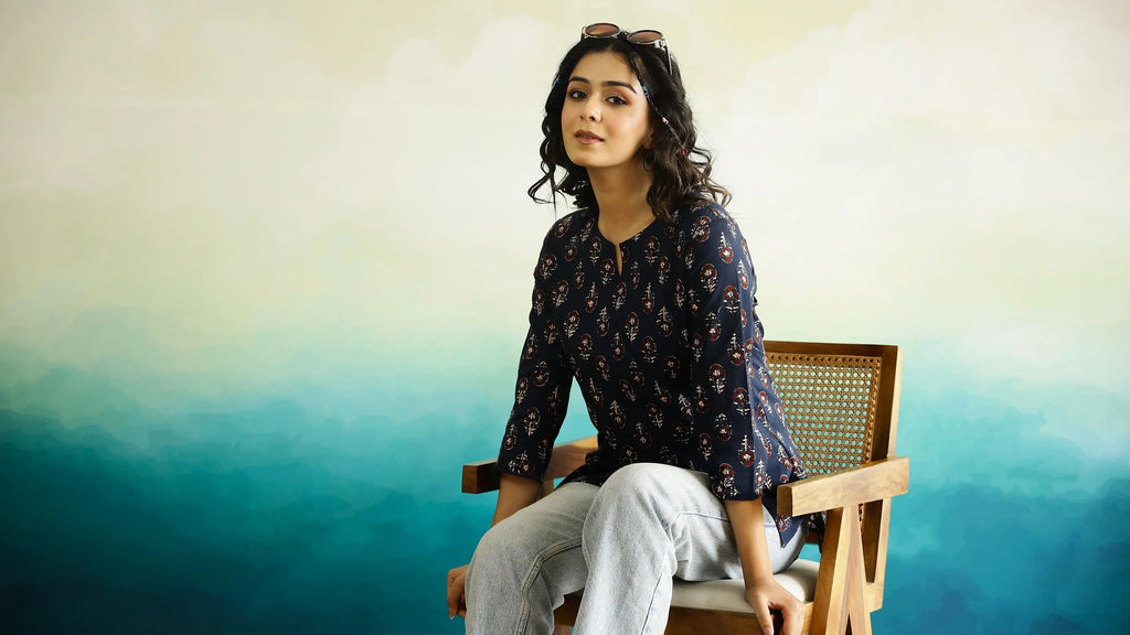 Blue Printed Cotton Top for Women - SanskrutiHomes 