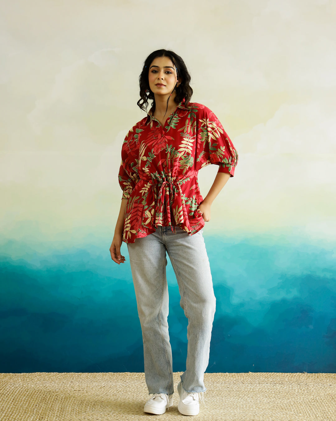 Red Flower Printed Cotton Top for Women - SanskrutiHomes 