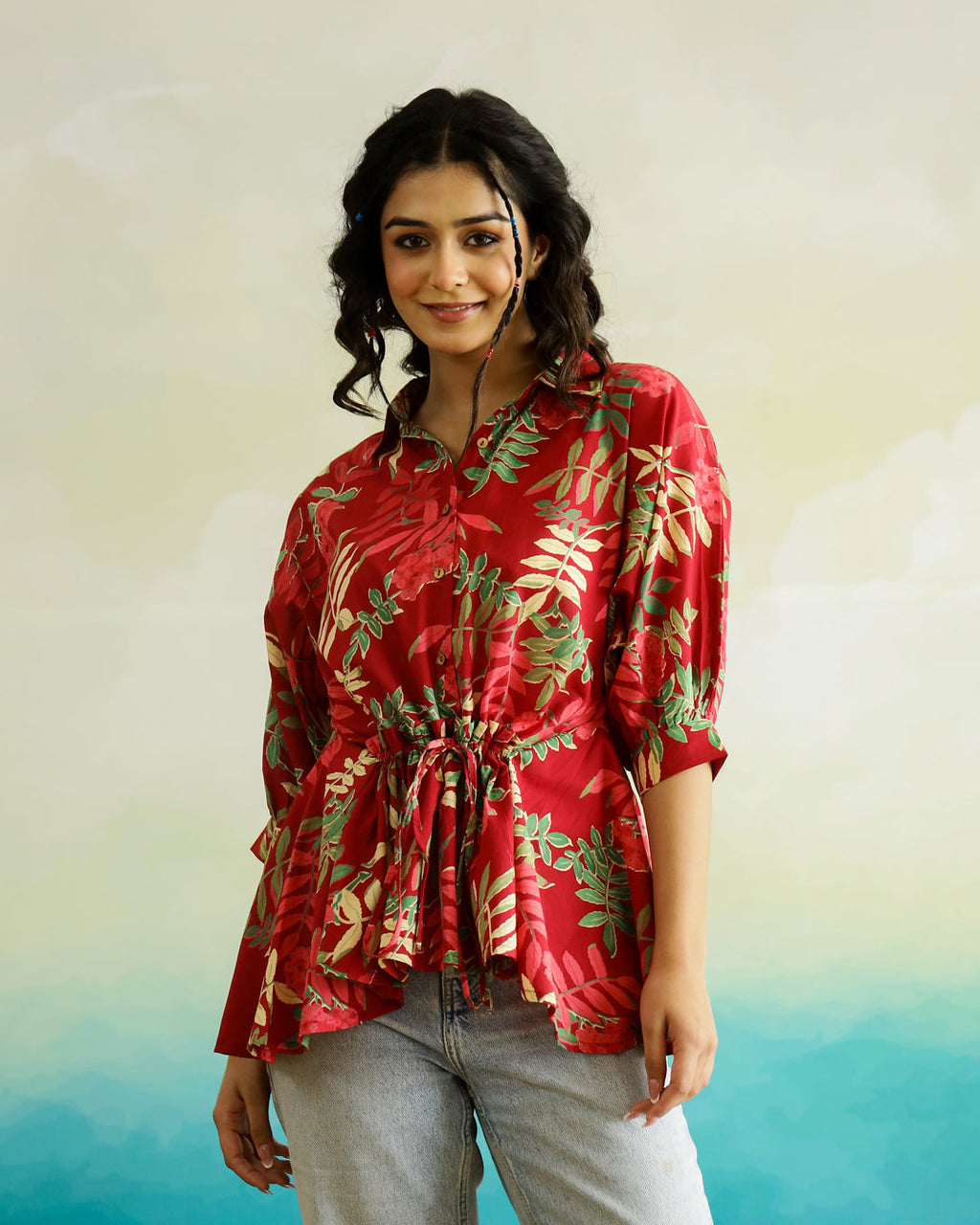 Red Flower Printed Cotton Top for Women - SanskrutiHomes 