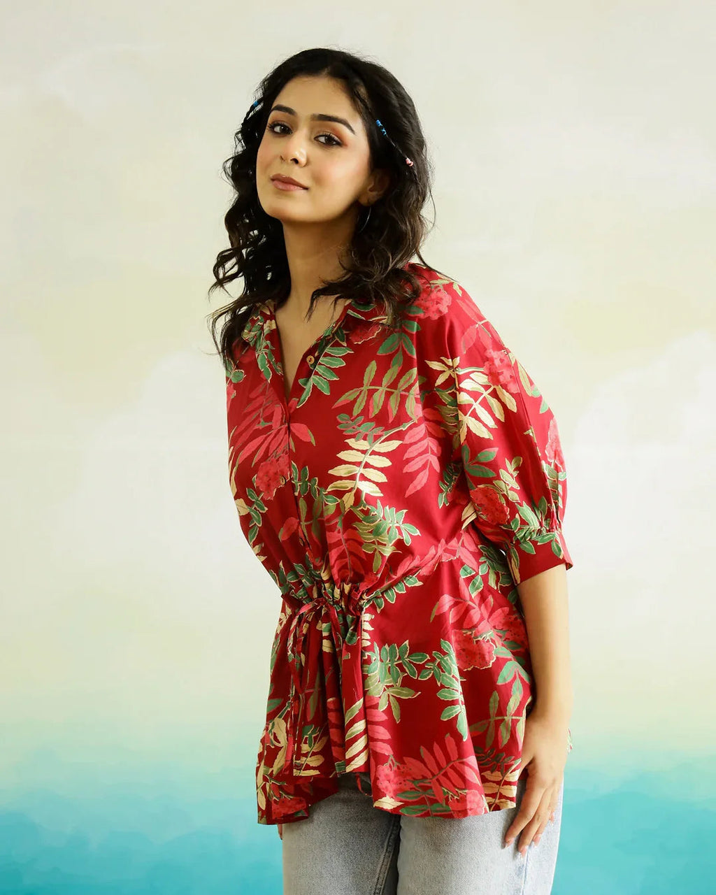 Red Flower Printed Cotton Top for Women - SanskrutiHomes 
