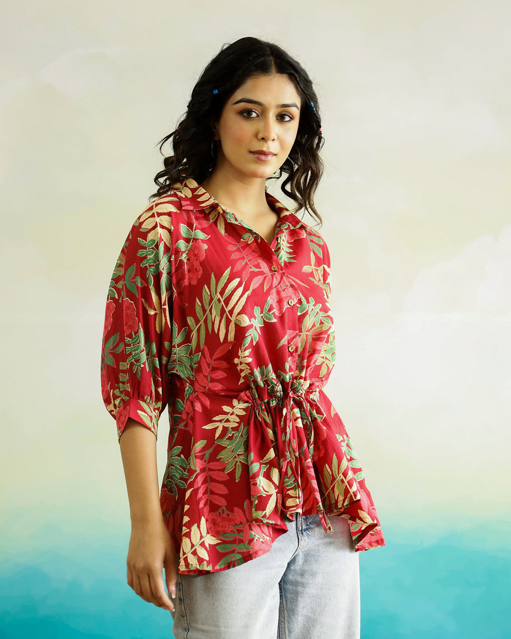 Red Flower Printed Cotton Top for Women - SanskrutiHomes 