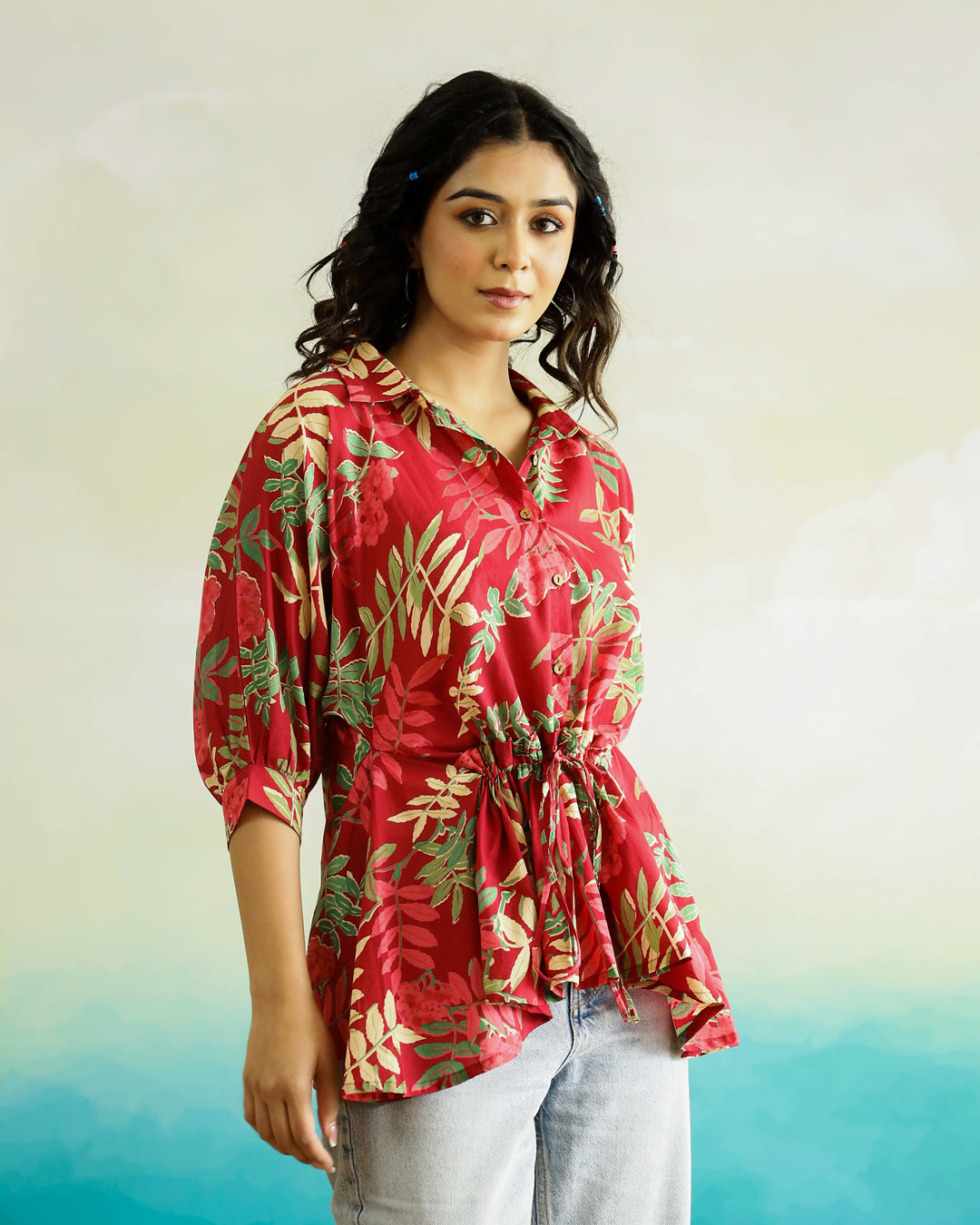 Red Flower Printed Cotton Top for Women - SanskrutiHomes 