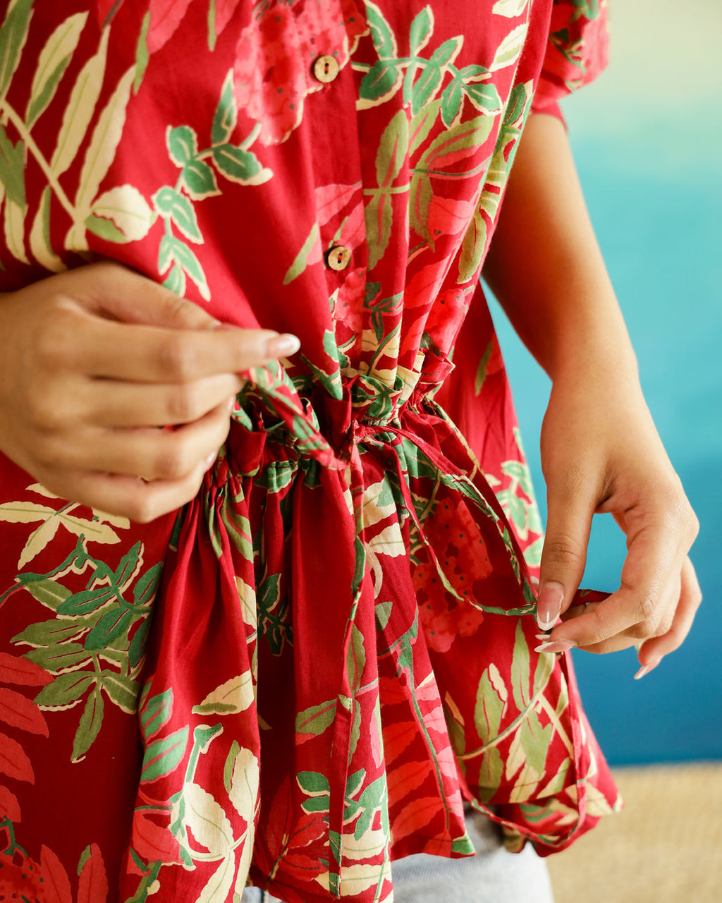 Red Flower Printed Cotton Top for Women - SanskrutiHomes 