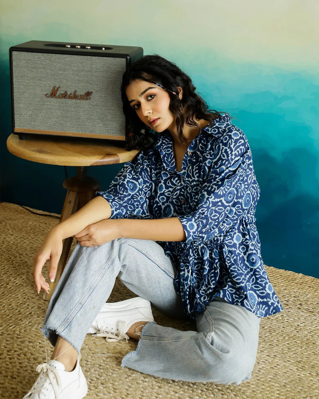 Blue Cotton Printed Top for Women - SanskrutiHomes 