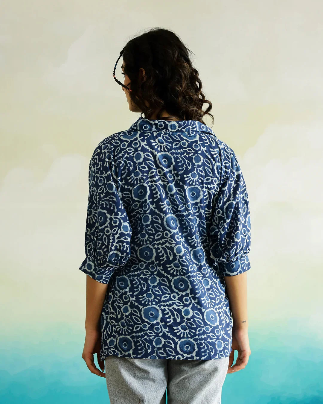Blue Cotton Printed Top for Women - SanskrutiHomes 