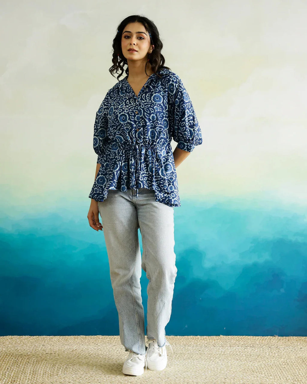 Blue Cotton Printed Top for Women - SanskrutiHomes 