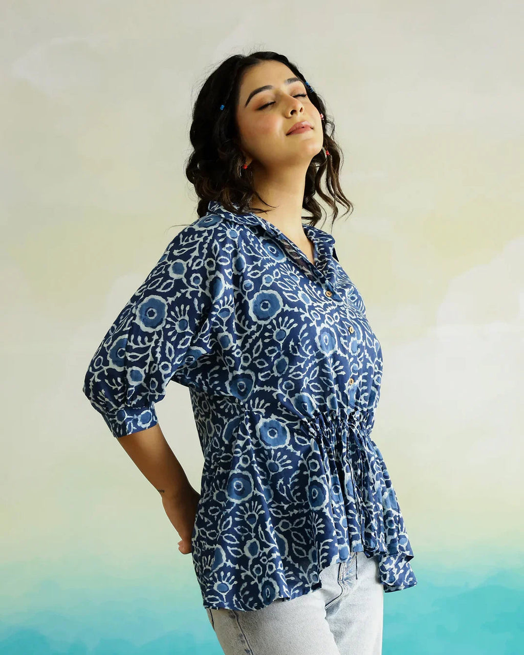 Blue Cotton Printed Top for Women - SanskrutiHomes 