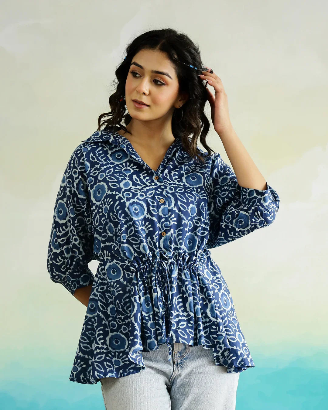 Blue Cotton Printed Top for Women - SanskrutiHomes 