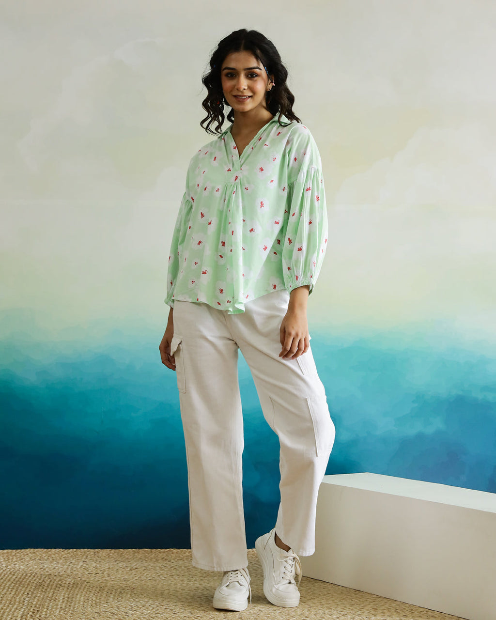 Cotton Printed Shirt Collar Top - SanskrutiHomes 